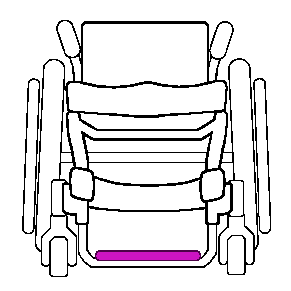 A black and white rigid wheelchair from the front with a bright pink footplate.